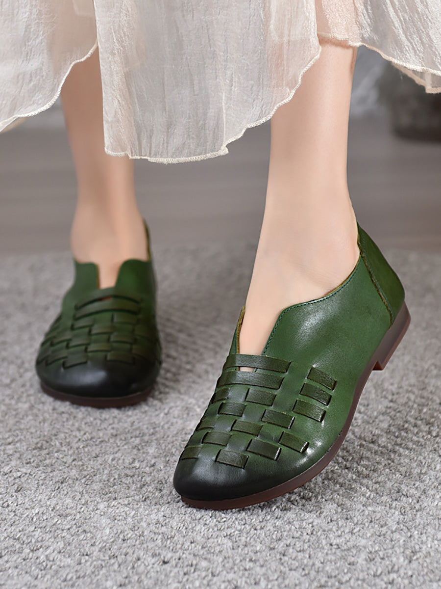 Women Vintage Genuine Leather Weave Low Heel Shoes