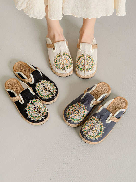 Women Summer Flower Embroidery Linen Slippers