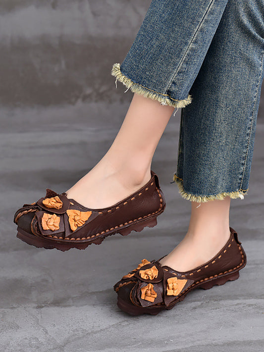 Women Ethnic Colorblock Flower Leather Shoes