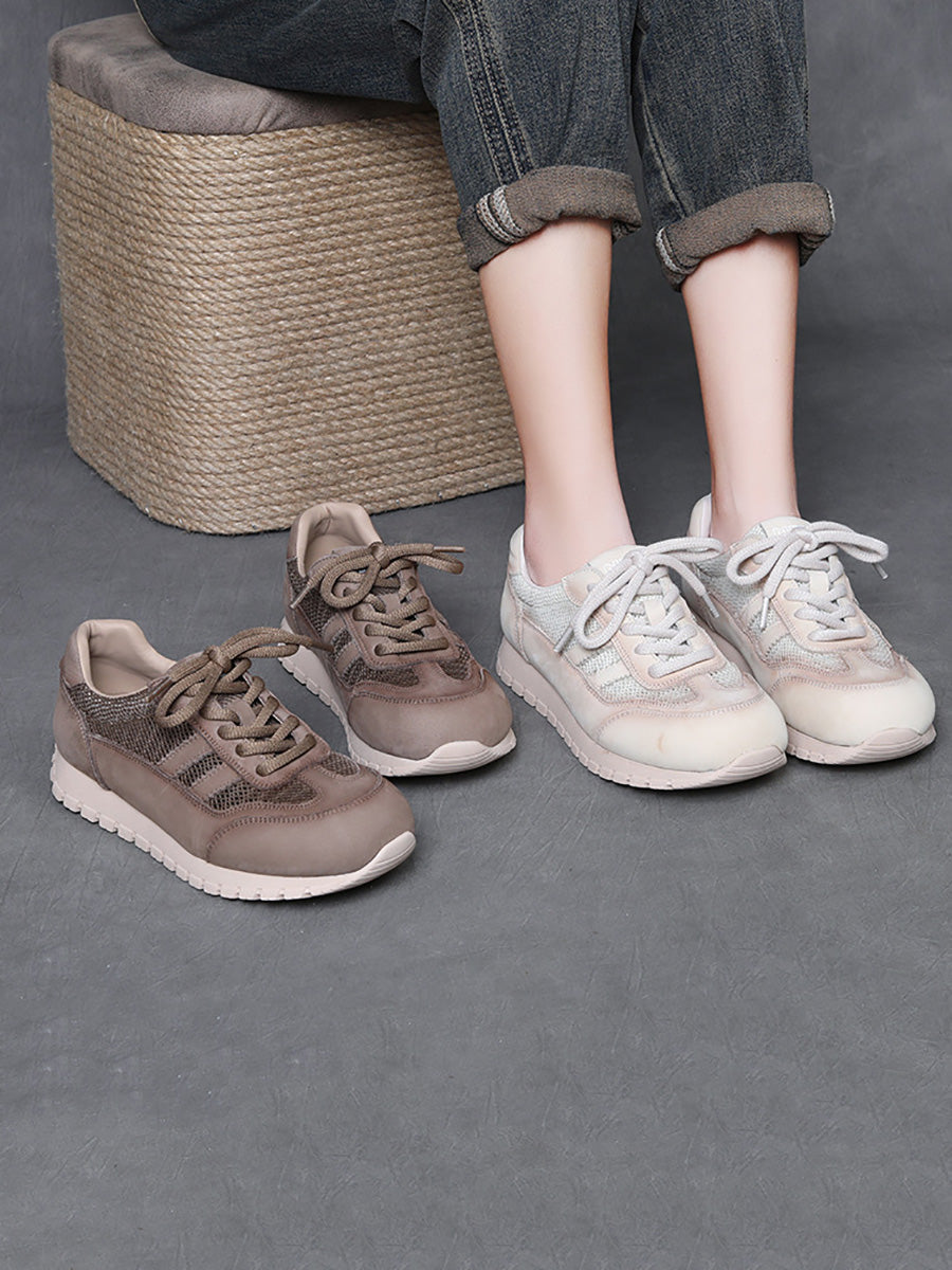 Women Casual Genuine Leather Spliced Flat Sport Shoes