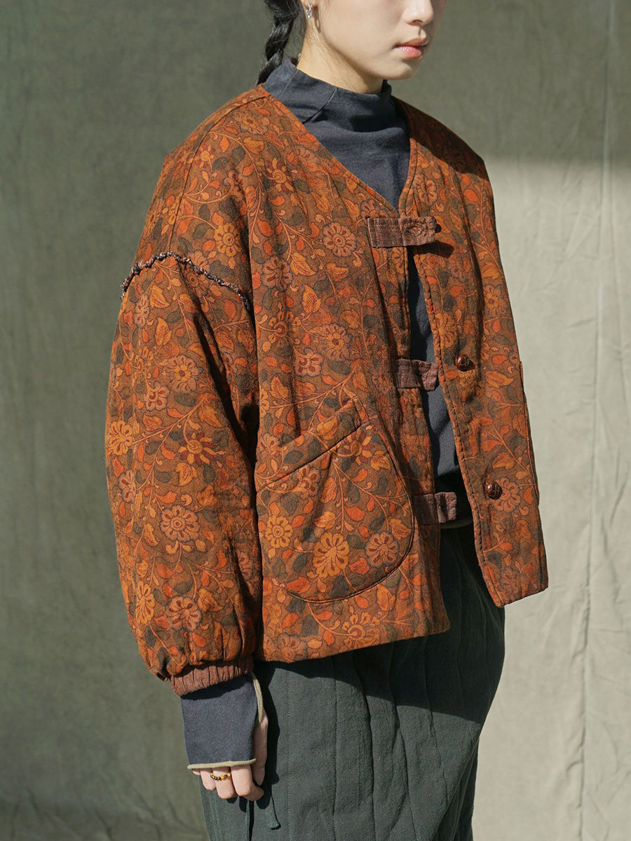 Women Ethnic Floral Winter V-neck Cotton Padded Jacket