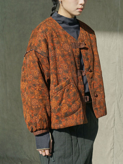 Women Ethnic Floral Winter V-neck Cotton Padded Jacket