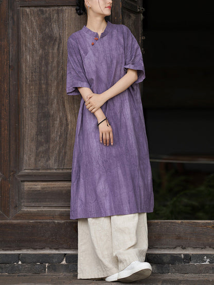 Women Summer Artsy Tie-dye Stand Collar Ramie Dress
