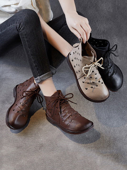 Women Summer Genuine Leather Hollow Out Ankle Boots