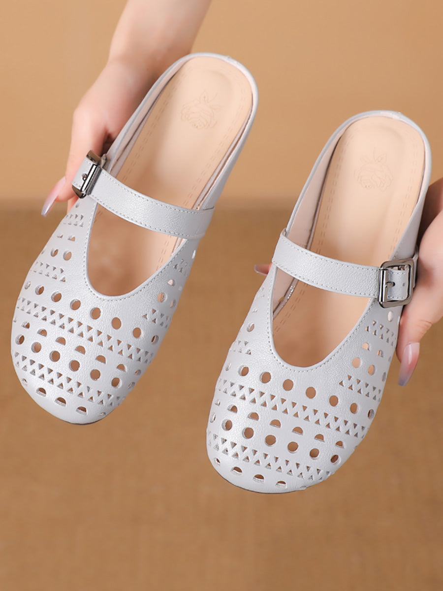 Women Casual Summer Genuine Leather Low Heel Slippers