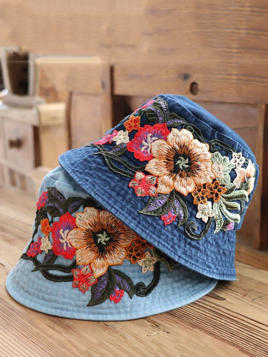 Women Retro Flower Embroidery Denim Bucket Hat