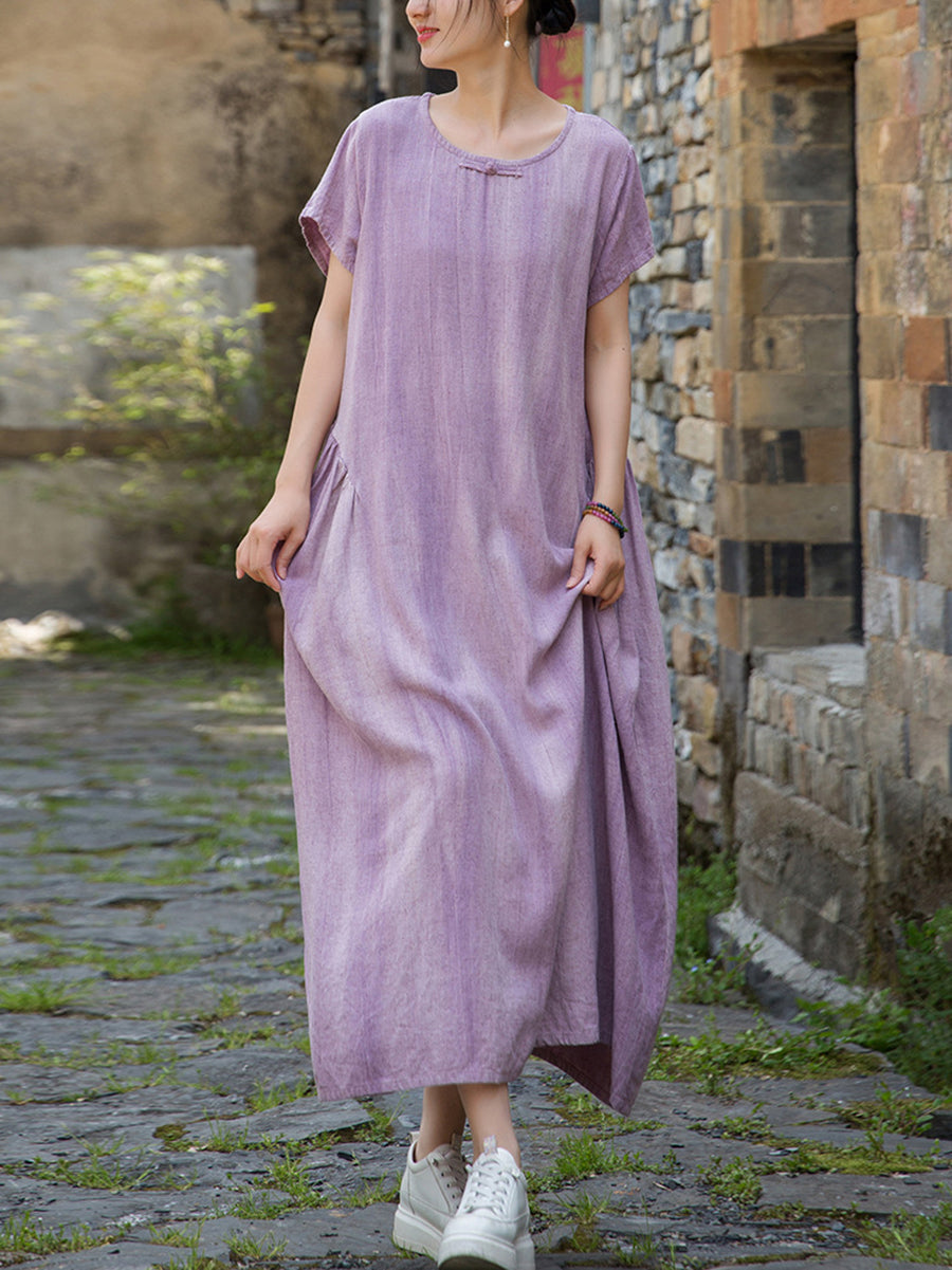 Women Summer Artsy Pure Color O-Neck Linen Dress