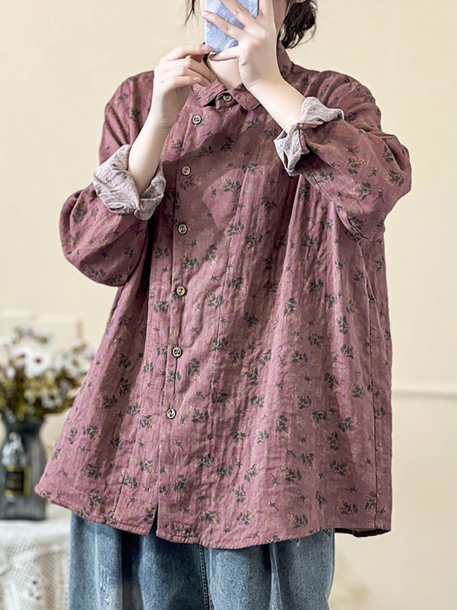 Plus Size Women Autumn Vintage Floral Long Sleeve Shirt