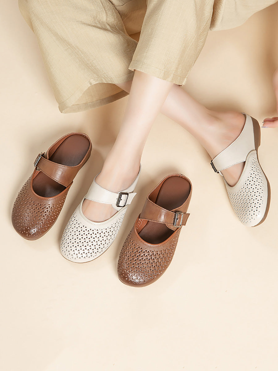 Women Vintage Genuine Leather Low Heel Slippers