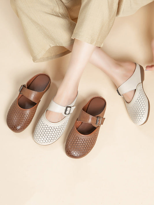 Women Vintage Genuine Leather Low Heel Slippers