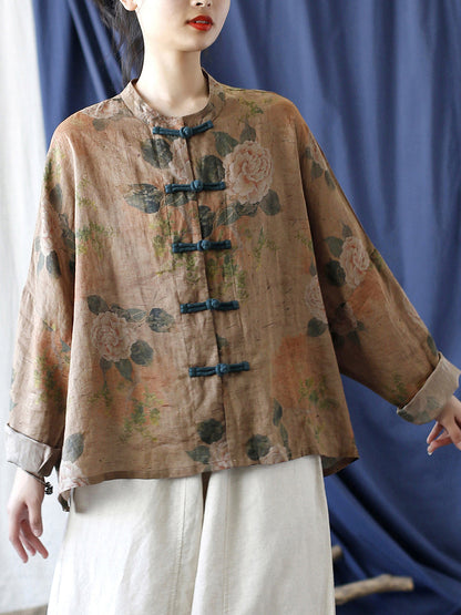 Women National Style Flower Button Loose Ramie Shirt