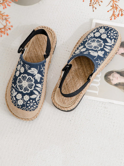 Women Ethnic Flower Embroidery Linen Sandals