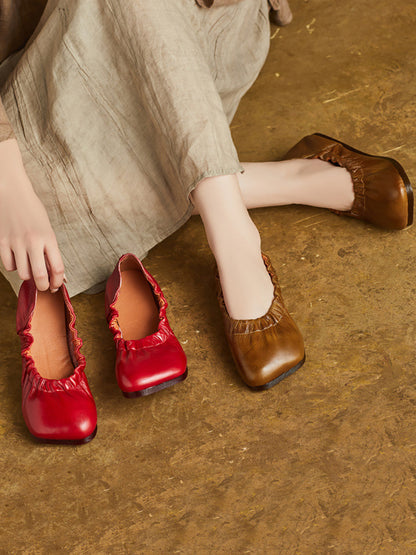Women Summer Pure Color Soft Leather Flat Shoes