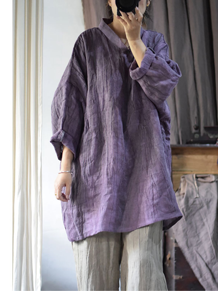 Plus Size Women Vintage Solid Linen Loose Long Blouse