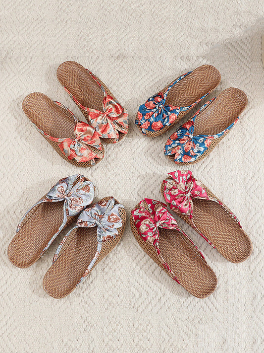 Women Ethnic Straw Weave Flower Bowknot Indoor Slippers