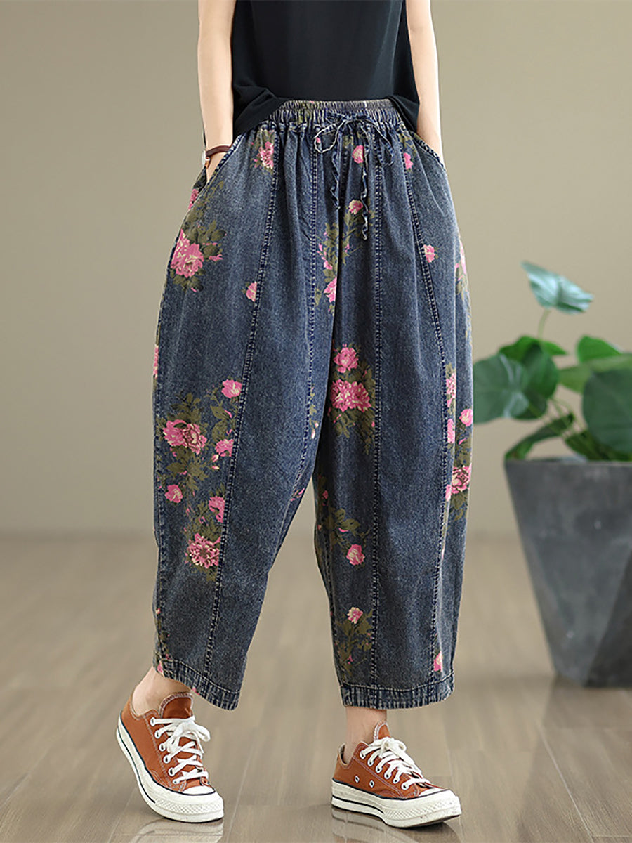 Women Casual Summer Flower Denim Harem Pants