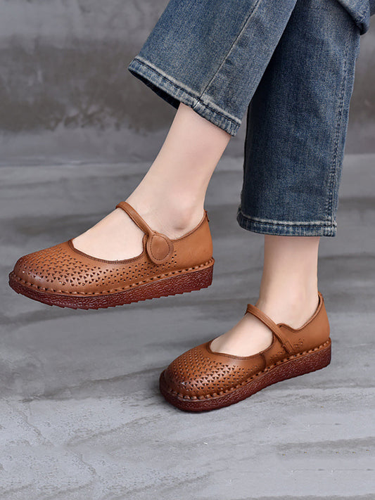 Women Ethnic Genuine Leather Hollow Out Low Heel Shoes