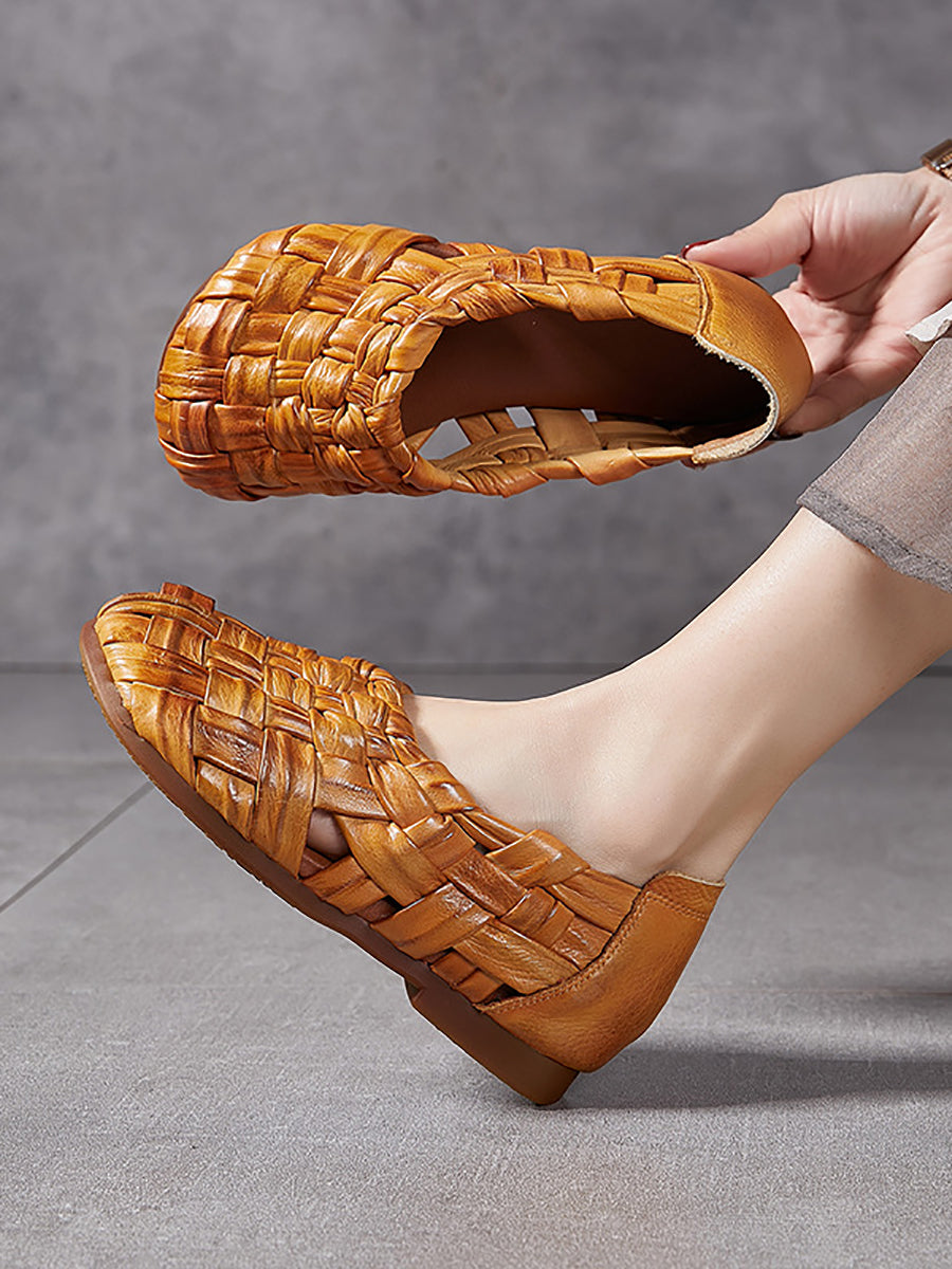 Women Summer Casual Leather Weave Low Heel Shoes