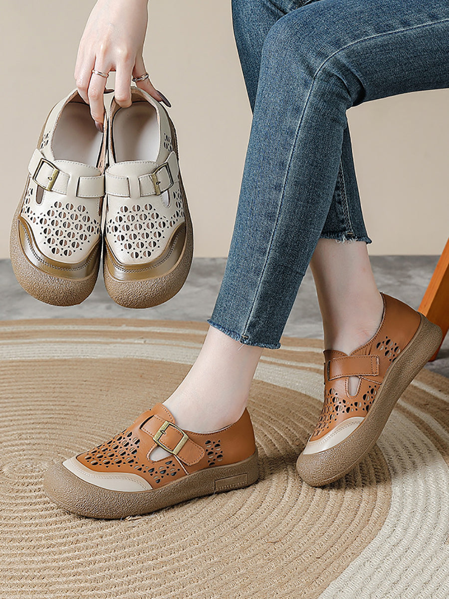 Women Summer Pure Color Leather Flat Shoes