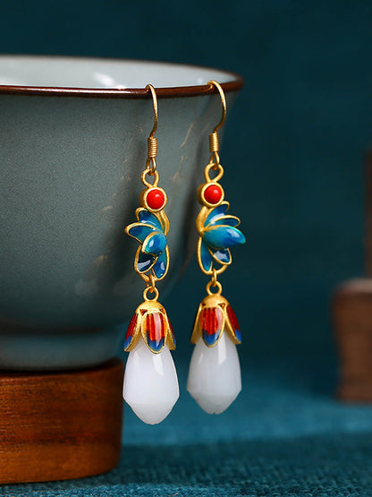 Women Vintage Flower Cloisonne Jade Mangnolia Silver Earrings