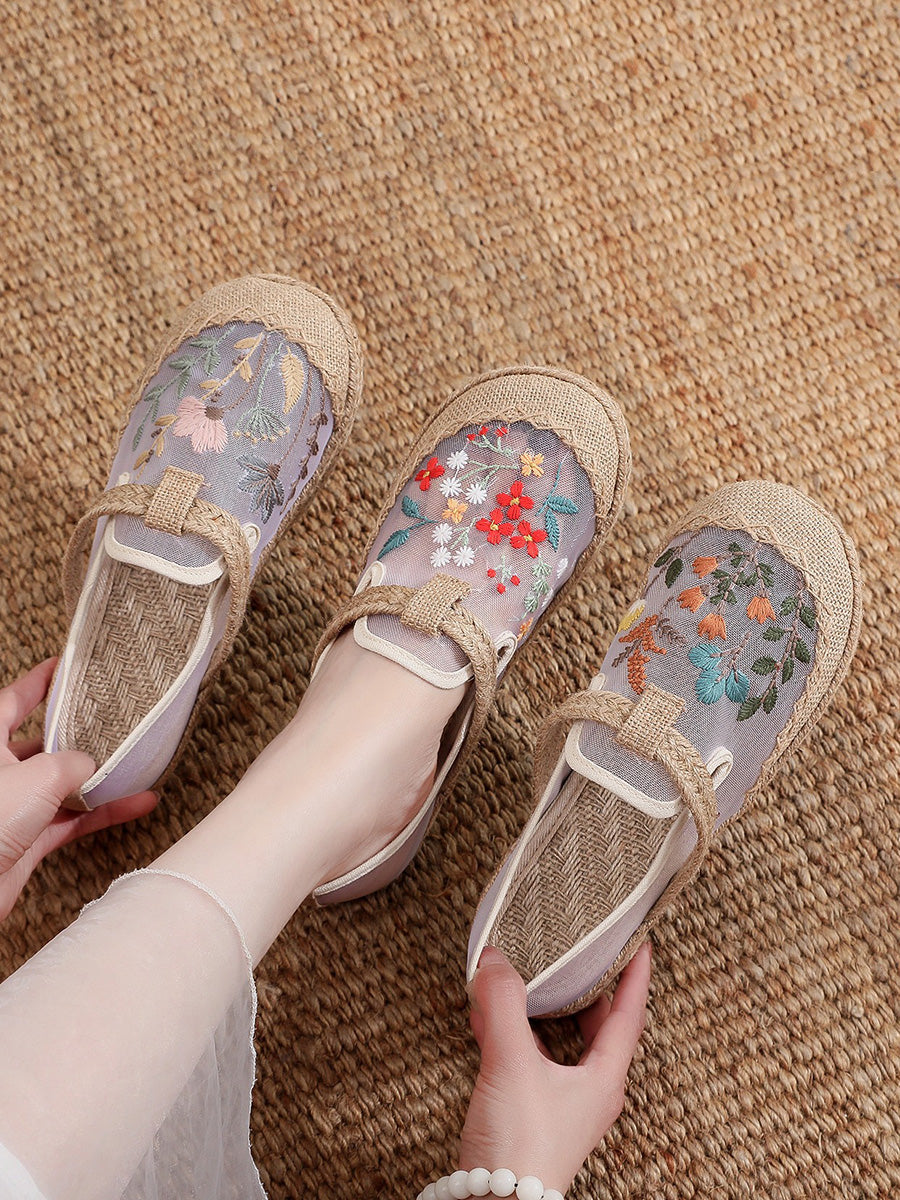 Women Ethnic Flower Embroidery Linen Shoes