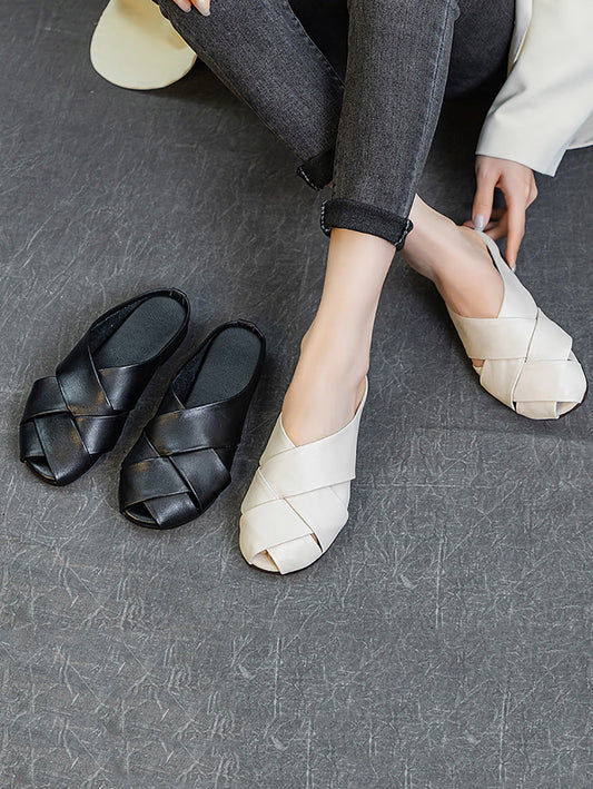 Women Summer Soft Leather Low Heel Weave Slippers