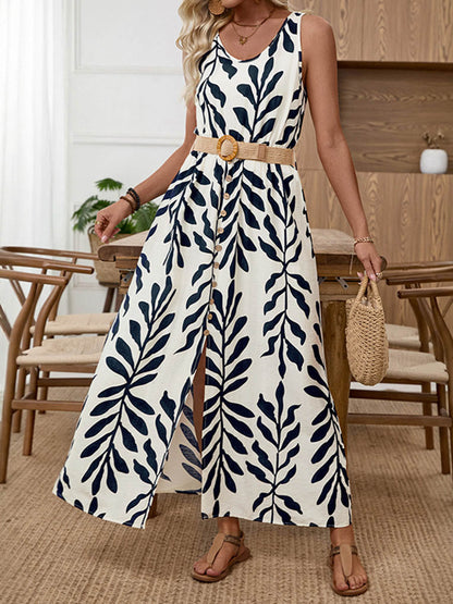 High Waisted Sleeveless Belt Buckle Buttoned Contrast Color Leaves Print V-Neck Maxi Dresses