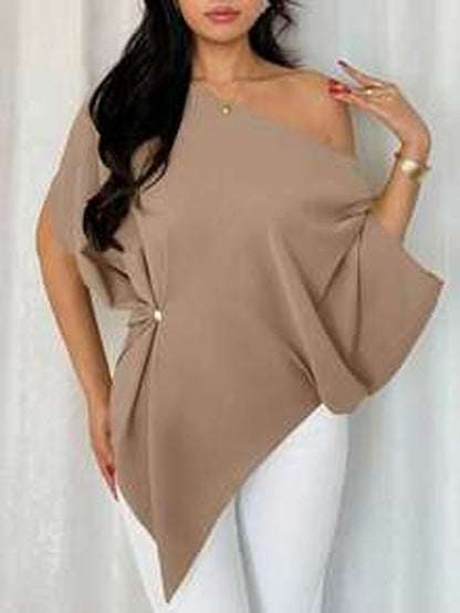 Batwing Sleeves Loose Asymmetric Pleated Solid Color One-Shoulder T-Shirts Tops