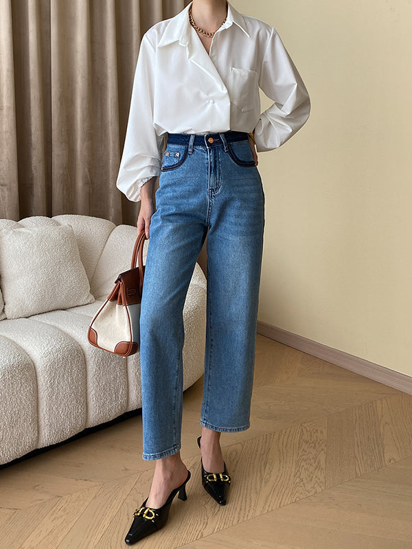 Bishop Sleeve Long Sleeves Buttoned Pockets Solid Color Split-Joint Polo Blouses&Shirts Tops