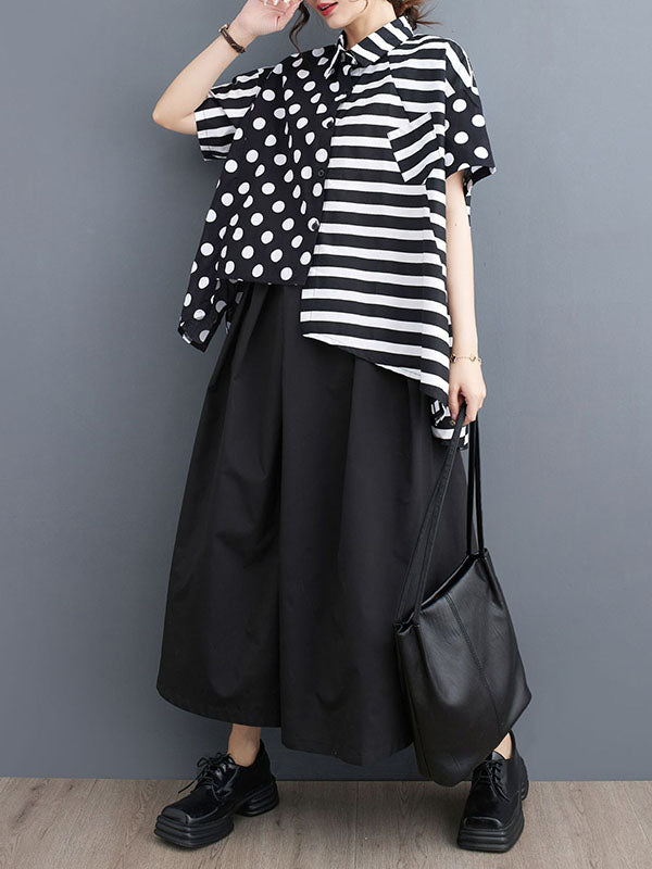 Loose Short Sleeves Buttoned Contrast Color Pockets Polka-Dot Split-Back Split-Joint Striped Lapel Blouses&Shirts Tops