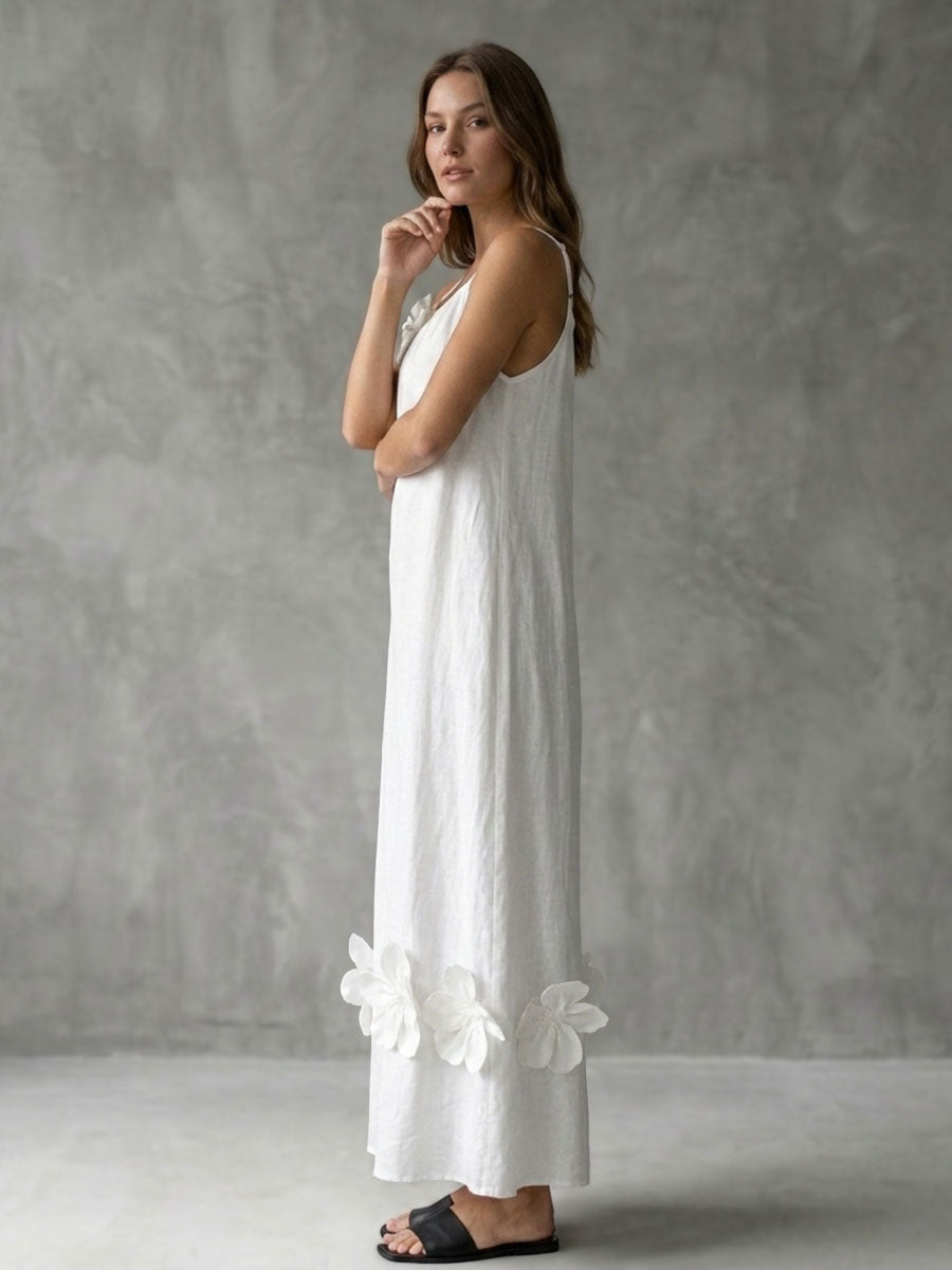 A-Line Loose Pleated Solid Color Split-Joint Three-Dimensional Flower Spaghetti-Neck Midi Dresses