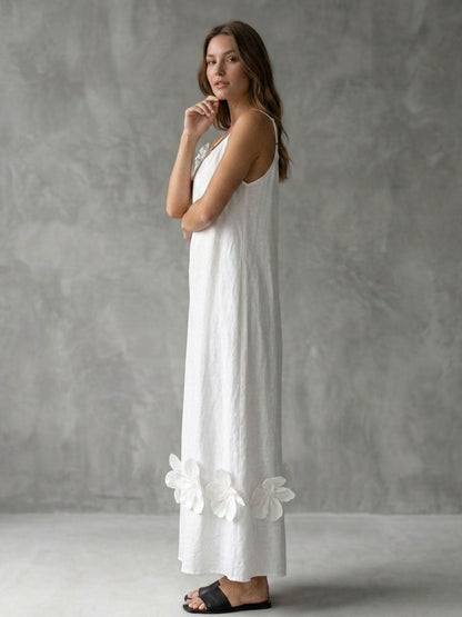 A-Line Loose Pleated Solid Color Split-Joint Three-Dimensional Flower Spaghetti-Neck Midi Dresses
