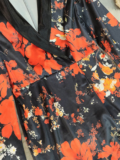 Bodycon High Waisted Contrast Color Flower Print Split-Back Split-Joint Lapel Mini Dresses