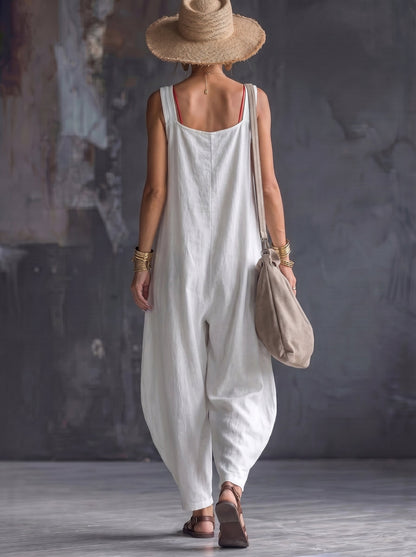 Loose Sleeveless Pockets Solid Color Square-Neck Jumpsuits