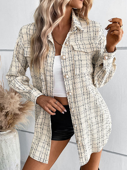 Long Sleeves Loose Buttoned Plaid Pockets Tied Waist Lapel Outerwear