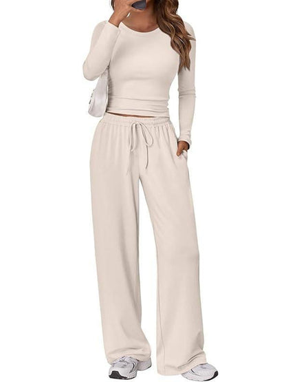 Solid Color Pleated Round-Neck T-Shirts Tops +  Elasticated Waist High Waisted Drawstring Pants Two Pieces Set