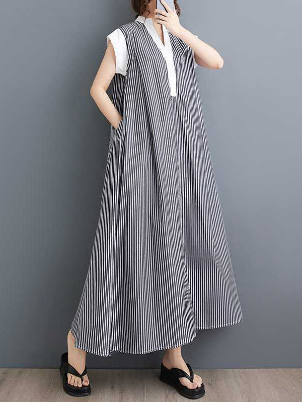 Cap Sleeve Loose Buttoned Striped Lapel Maxi Dresses Shirt Dress