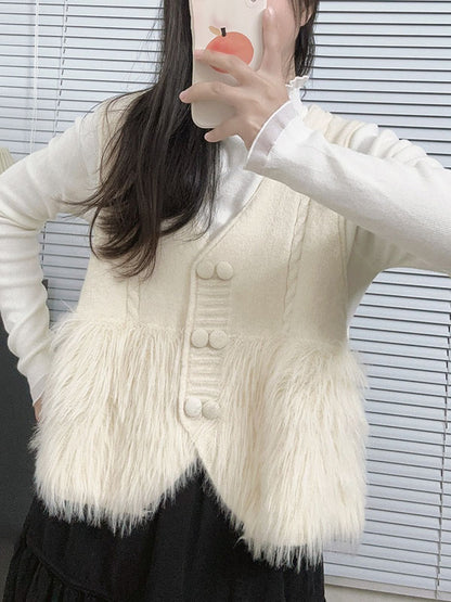 Loose Sleeveless Buttoned Solid Color Split-Joint V-Neck Vest Outerwear