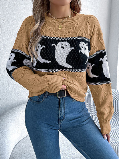Long Sleeves Loose Contrast Color Split-Joint Round-Neck Pullovers Sweater Tops