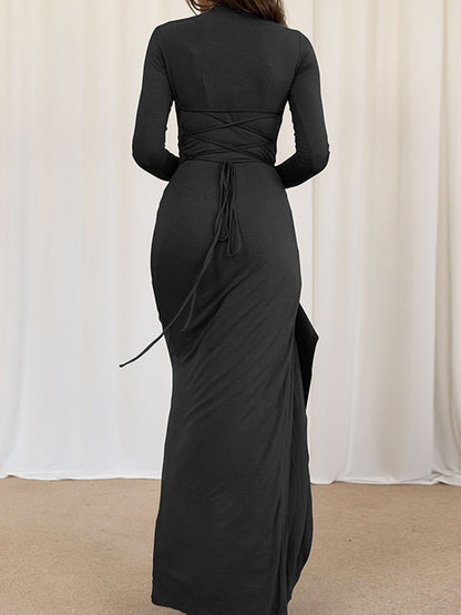 Bodycon High Waisted Asymmetric Pleated Ruffled Solid Color Split-Joint Round-Neck Maxi Dresses