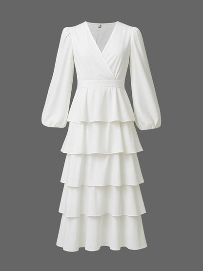 A-Line High Waisted Layered Solid Color V-Neck Maxi Dresses