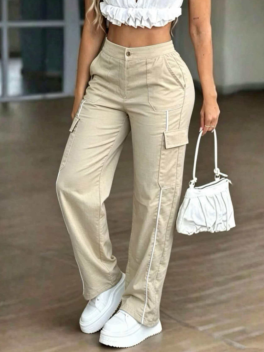 Pockets Contrast Color High Waisted Trousers Pants