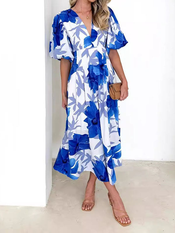 A-line High Waisted Flower Print Pleated Split-Joint Zipper V-neck Midi Dresses