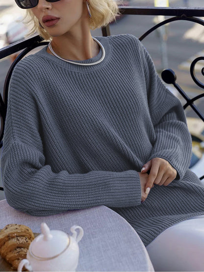 Long Sleeves Loose Solid Color Split-Joint Round-Neck Sweater Tops
