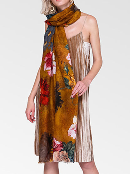 Floral Printed Fringed Shawl&Scarf
