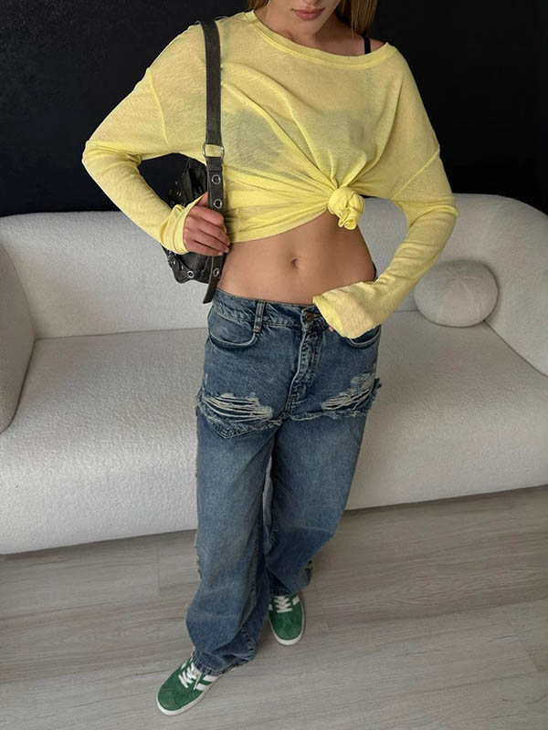 Long Sleeves Loose Solid Color Round-Neck T-Shirts Tops