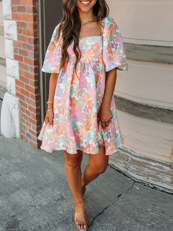 A-Line High Waisted Elasticity Flower Print Pleated Split-Joint Zipper Square-Neck Mini Dresses