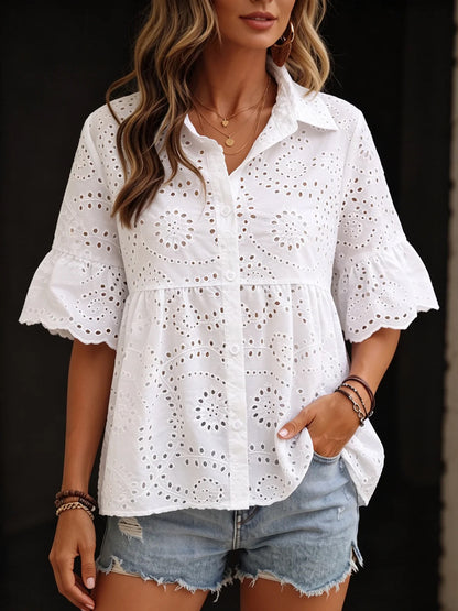 Split-Joint Solid Color Pleated Hollow Buttoned Loose Flared Sleeves Lapel Blouses&shirts Tops