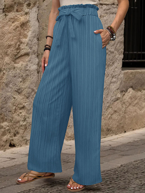 High Waisted Loose Elasticity Pleated Solid Color Tied Waist Pants Trousers