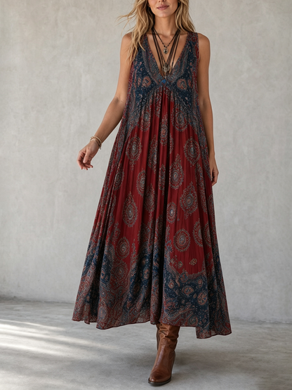 Printed Pleated Contrast Color Sleeveless Loose V-Neck Maxi Dresses